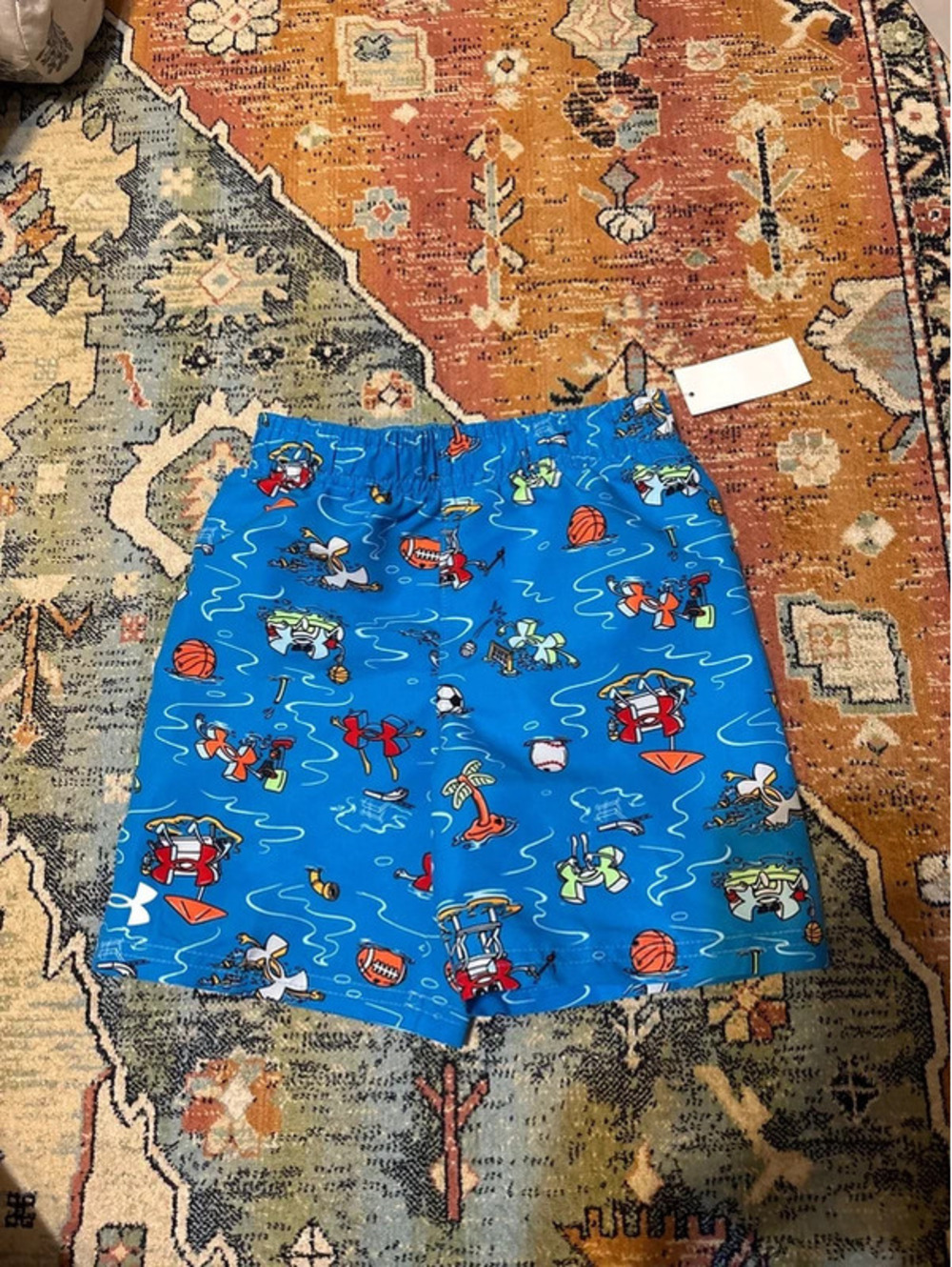 NWT Under Armour Boys Swim Trunks Blue Sports Print Size 4
